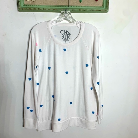 CHASER heart print soft pullover sweatshirt Large white new with tag nwt - Picture 1 of 7